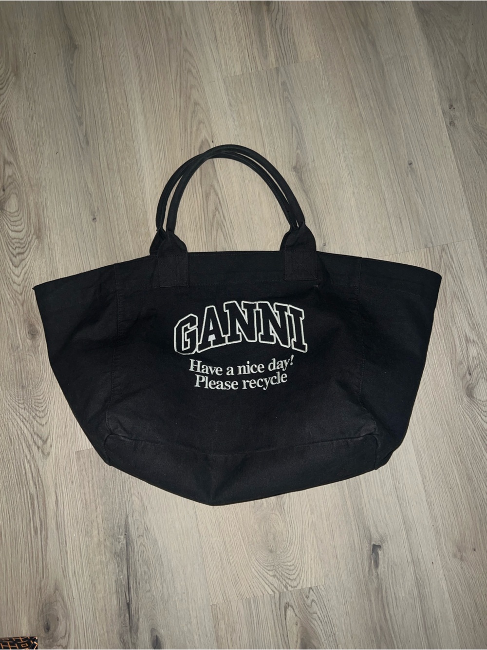 GANNI Contrast Logo  Shopper Tote Canvas Black White Large Travel Beach Bag